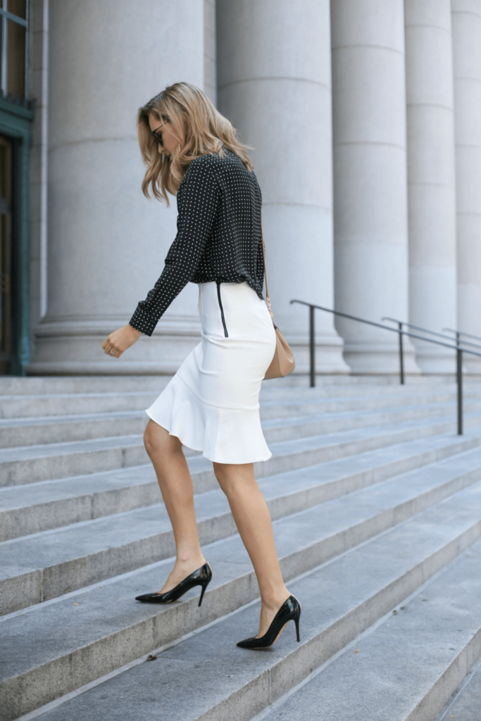 Dark-colored slacks or a skirt with a conservative blouse and black shoes
